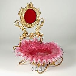 Antique Victorian Cranberry Spangle Art Glass Ormolu Pocket Watch Stand