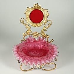 Antique Victorian Cranberry Spangle Art Glass Ormolu Pocket Watch Stand