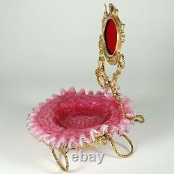 Antique Victorian Cranberry Spangle Art Glass Ormolu Pocket Watch Stand