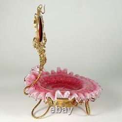 Antique Victorian Cranberry Spangle Art Glass Ormolu Pocket Watch Stand