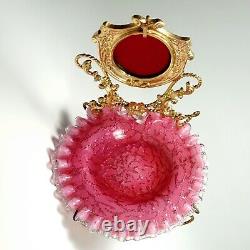 Antique Victorian Cranberry Spangle Art Glass Ormolu Pocket Watch Stand