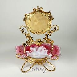 Antique Victorian Cranberry Spangle Art Glass Ormolu Pocket Watch Stand