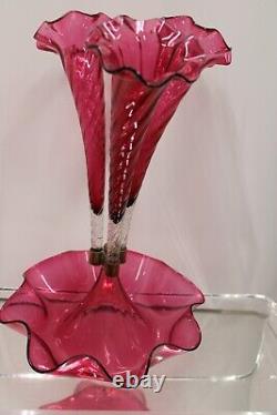 Antique Victorian Cranberry Swirl Art Glass 3 Horn Epergne 105