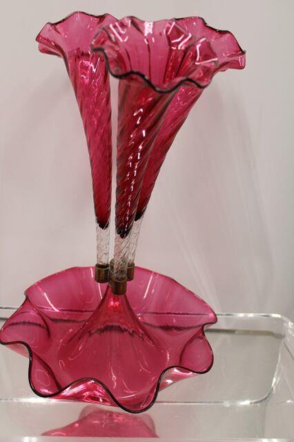 Antique Victorian Cranberry Swirl Art Glass 3 Horn Epergne 105