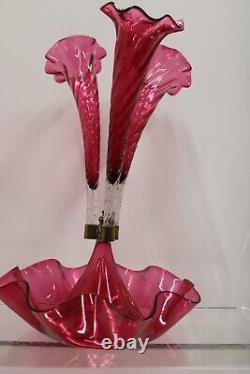 Antique Victorian Cranberry Swirl Art Glass 3 Horn Epergne 105