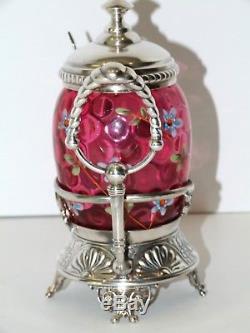 Antique Victorian Cranberry Thumbprint Enameled Footed Pickle Castor