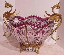 Antique Victorian Czech Bohemian Amethyst Cut Crystal Brides Bowl Dragon Holder