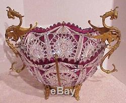 Antique Victorian Czech Bohemian Amethyst Cut Crystal Brides Bowl Dragon Holder