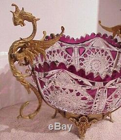 Antique Victorian Czech Bohemian Amethyst Cut Crystal Brides Bowl Dragon Holder