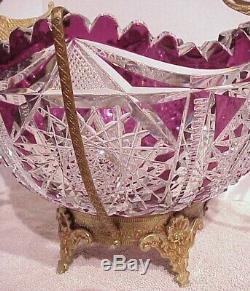 Antique Victorian Czech Bohemian Amethyst Cut Crystal Brides Bowl Dragon Holder