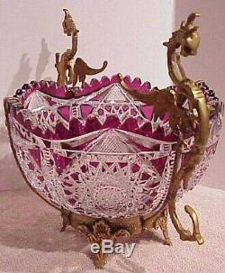Antique Victorian Czech Bohemian Amethyst Cut Crystal Brides Bowl Dragon Holder