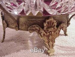 Antique Victorian Czech Bohemian Amethyst Cut Crystal Brides Bowl Dragon Holder