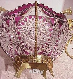 Antique Victorian Czech Bohemian Amethyst Cut Crystal Brides Bowl Dragon Holder