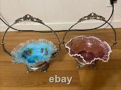 Antique Victorian Decorated Art Glass Brides Baskets Silver Plate Frame Read