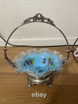 Antique Victorian Decorated Art Glass Brides Baskets Silver Plate Frame Read