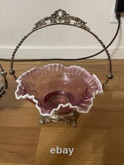 Antique Victorian Decorated Art Glass Brides Baskets Silver Plate Frame Read