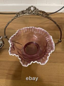 Antique Victorian Decorated Art Glass Brides Baskets Silver Plate Frame Read