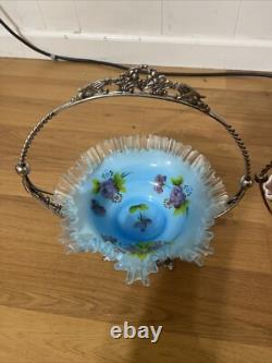 Antique Victorian Decorated Art Glass Brides Baskets Silver Plate Frame Read