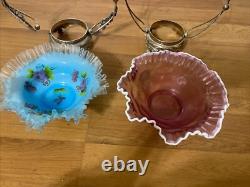 Antique Victorian Decorated Art Glass Brides Baskets Silver Plate Frame Read