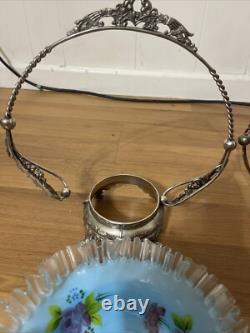 Antique Victorian Decorated Art Glass Brides Baskets Silver Plate Frame Read