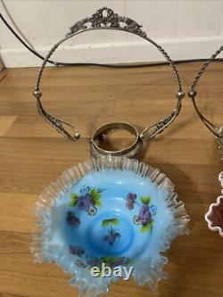 Antique Victorian Decorated Art Glass Brides Baskets Silver Plate Frame Read