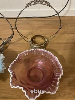 Antique Victorian Decorated Art Glass Brides Baskets Silver Plate Frame Read