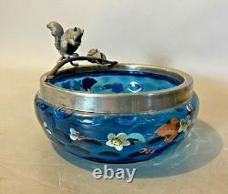 Antique Victorian Decorated Art Glass Nut Bowl Figural Silver Plate Squirrel