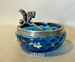 Antique Victorian Decorated Art Glass Nut Bowl Figural Silver Plate Squirrel