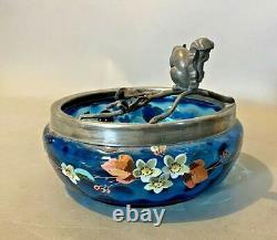 Antique Victorian Decorated Art Glass Nut Bowl Figural Silver Plate Squirrel