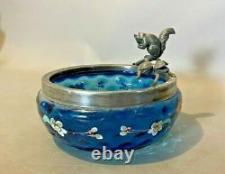 Antique Victorian Decorated Art Glass Nut Bowl Figural Silver Plate Squirrel