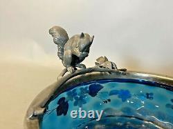 Antique Victorian Decorated Art Glass Nut Bowl Figural Silver Plate Squirrel