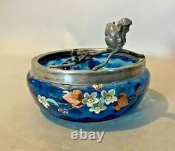 Antique Victorian Decorated Art Glass Nut Bowl Figural Silver Plate Squirrel