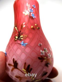 Antique Victorian Diamond Quilted Pink Satin Vase Hand Painted Floral Design 254