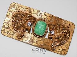 Antique Victorian Double Roaring Lion Paste & Art Glass Brass Sash Pin Brooch