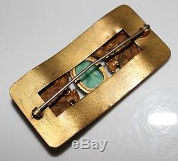 Antique Victorian Double Roaring Lion Paste & Art Glass Brass Sash Pin Brooch