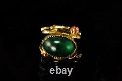 Antique Victorian Dragon Cabochon Green Art Glass Brass Fob Pendant Br
