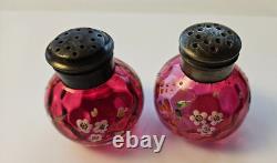 Antique Victorian EAPG Hand-Painted Cranberry Glass Salt & Pepper Shakers Pair