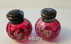 Antique Victorian EAPG Hand-Painted Cranberry Glass Salt & Pepper Shakers Pair