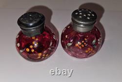 Antique Victorian EAPG Hand-Painted Cranberry Glass Salt & Pepper Shakers Pair