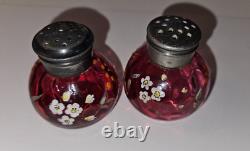 Antique Victorian EAPG Hand-Painted Cranberry Glass Salt & Pepper Shakers Pair