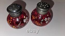 Antique Victorian EAPG Hand-Painted Cranberry Glass Salt & Pepper Shakers Pair