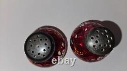 Antique Victorian EAPG Hand-Painted Cranberry Glass Salt & Pepper Shakers Pair