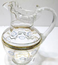 Antique Victorian EAPG Pitcher Clear White Blue Enameled Flowers Gold Crimped 9 Antique Victorian EAPG Pitcher Clear White Blue Enameled Flowers Gold Crimped 9