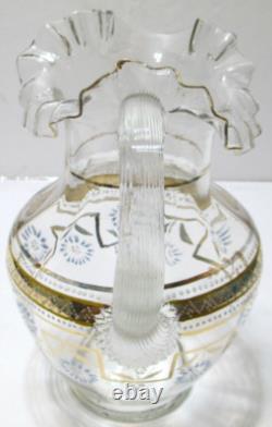 Antique Victorian EAPG Pitcher Clear White Blue Enameled Flowers Gold Crimped 9 Antique Victorian EAPG Pitcher Clear White Blue Enameled Flowers Gold Crimped 9