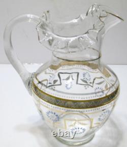 Antique Victorian EAPG Pitcher Clear White Blue Enameled Flowers Gold Crimped 9 Antique Victorian EAPG Pitcher Clear White Blue Enameled Flowers Gold Crimped 9