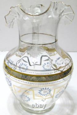Antique Victorian EAPG Pitcher Clear White Blue Enameled Flowers Gold Crimped 9 Antique Victorian EAPG Pitcher Clear White Blue Enameled Flowers Gold Crimped 9