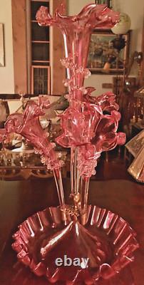 Antique Victorian Elaborate Rigaree Webb / Stevens & Williams Cranberry Epergne Antique Victorian Elaborate Rigaree Webb / Stevens & Williams Cranberry Epergne