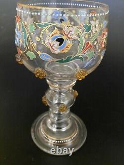 Antique Victorian Enamel Jewled Czech Bohemian Moser Style Art Glass Chalice