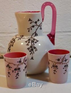 Antique Victorian Enameled Art Glass Pitcher And Cups Set