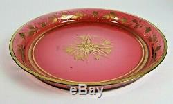Antique Victorian Enameled Cranberry Glass Tray Dish Plate Bohemian MOSER Gilt
